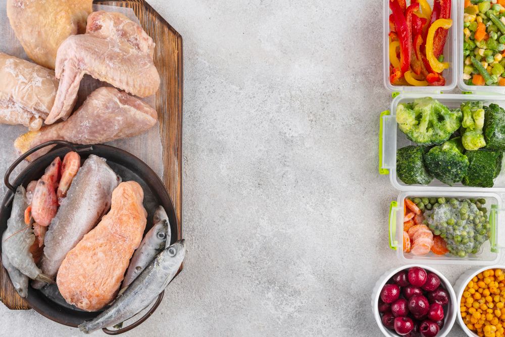 Frozen meat, fish and vegetables laid out on a light surface
