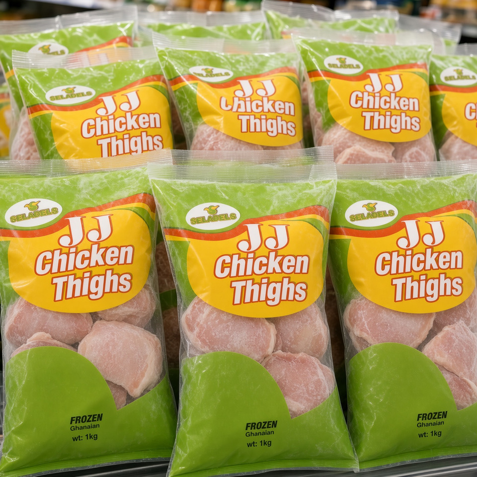 Seladels JJ Chicken Thighs stacked in a freezer