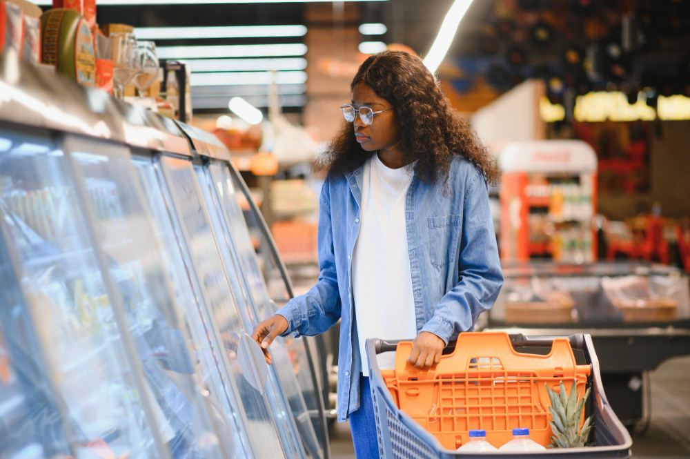 A shopper choosing frozen products from a supermarket freezer