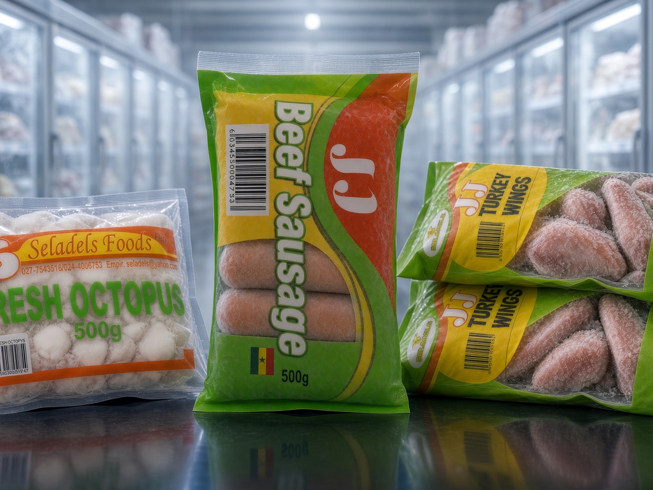 Two packs of Seladels JJ Turkey Wings frozen on a freezer shelf