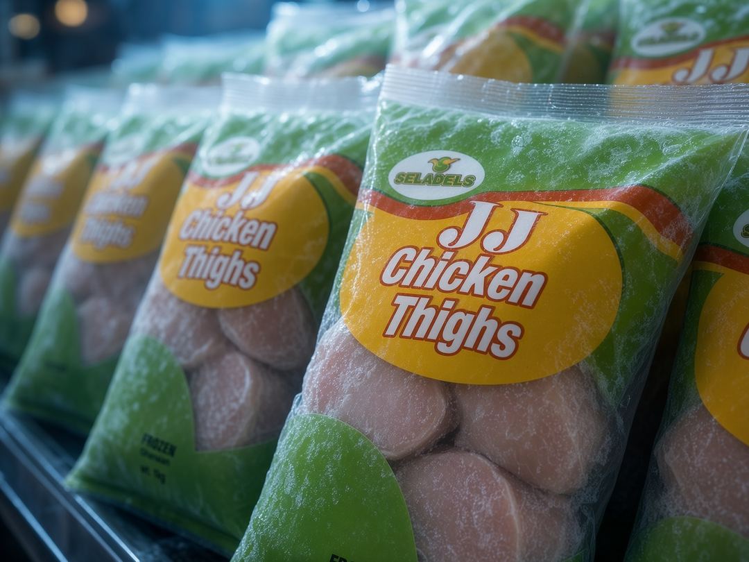 JJ Chicken Thighs packs stacked in a freezer